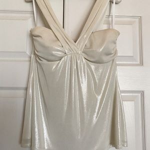 Elegant white touch of gold shimmer top, V-strap front with poly spandex lining
